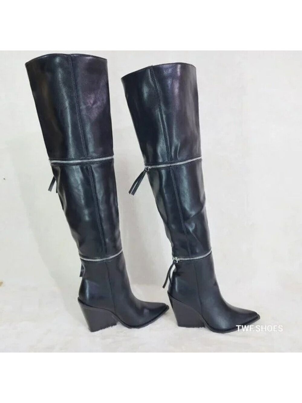 NIB Alexa Western Wedge All in One Zipper Shaft Ankle Knee & Thigh Boots Black - Picture 12 of 15